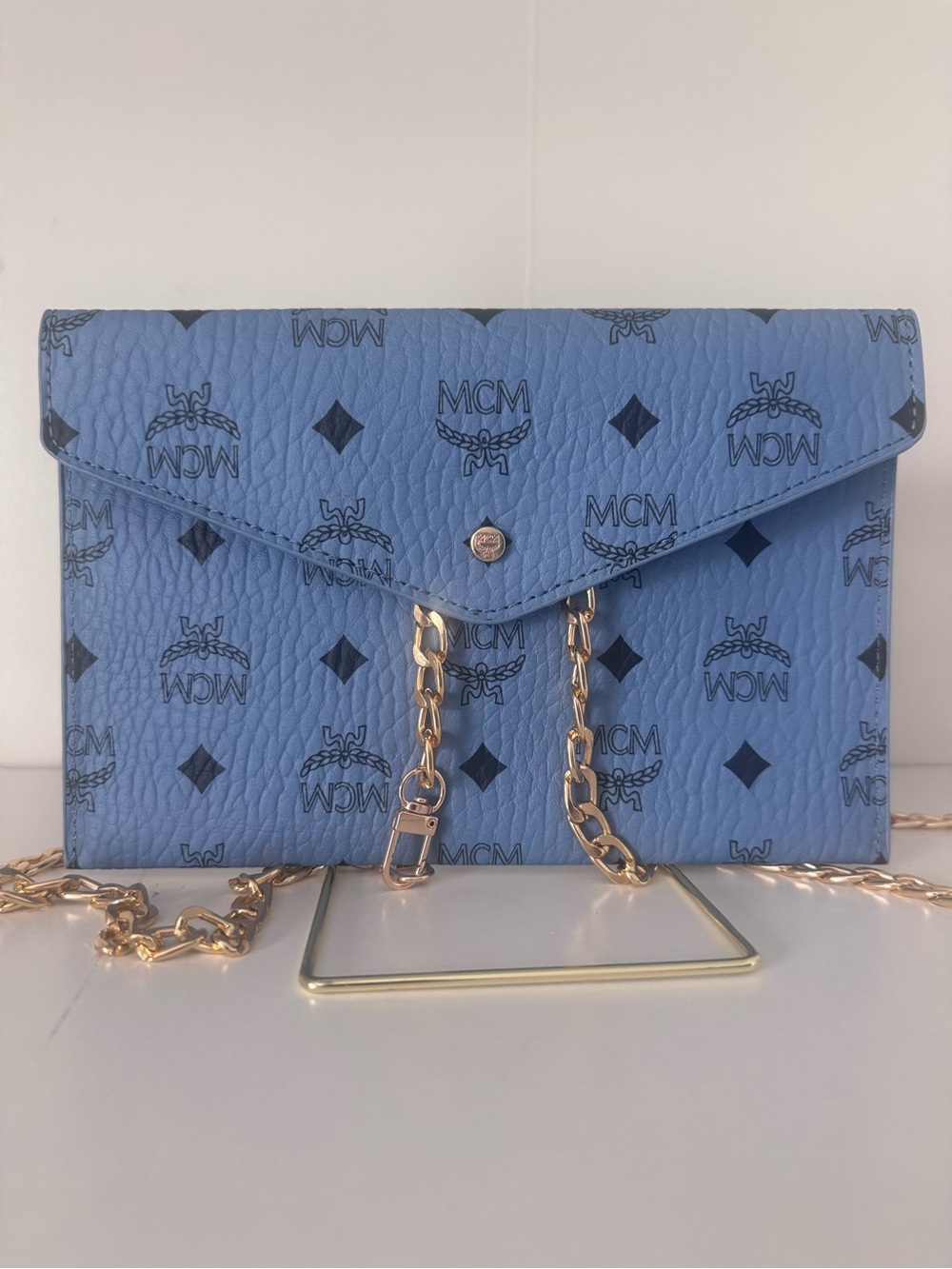MCM Blue Logo Envelope Clutch Like New with Unbranded Crossbody Chain